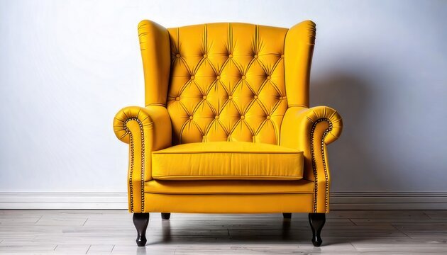 Elegant Yellow Wingback Chair Against a Neutral Wall.