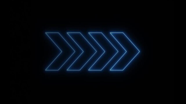 Glowing blue neon double arrow pointer sign animation on solid black background for digital interface navigation and motion featuring a modern minimalist