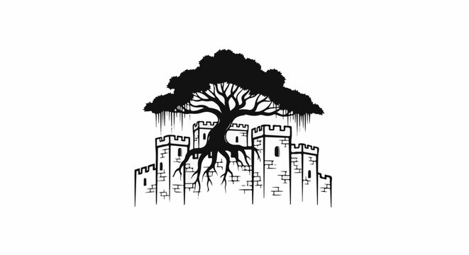 Stylized black tree with large roots growing over a white castle wall