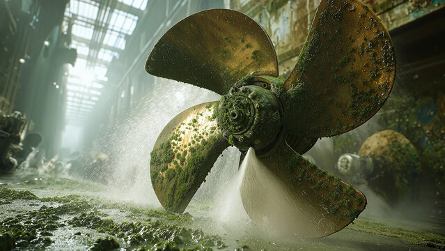 Large rusty ship propeller covered in moss in an industrial dry dock with water spray