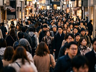 Obraz premium A large group of individuals move together through a bustling urban street scene, capturing a sense of movement and diversity.
