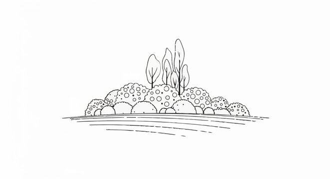 Stylized line drawing depicts a cluster of diverse plants, including trees and dotted bushes, on a striped ground