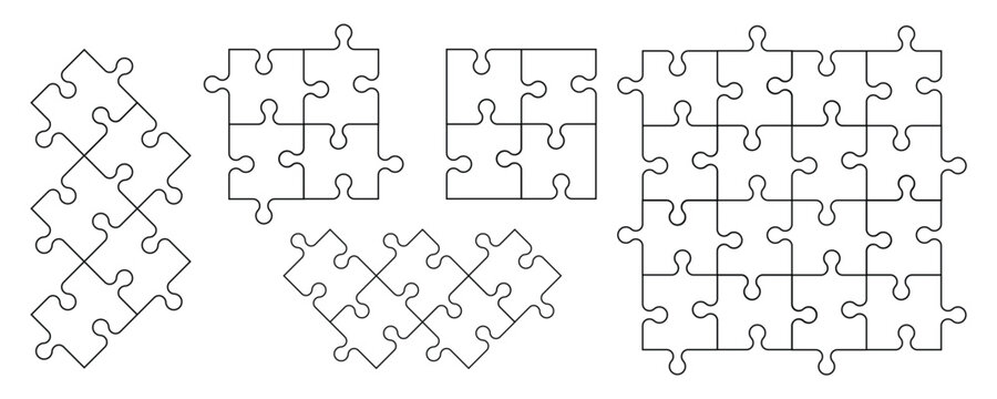 Puzzle piece outline set. Puzzles grid - blank template. Puzzle jigsaw on white background. Vector illustration.
