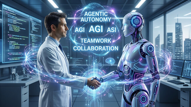 Futuristic digital artificial intelligence agent and human hand shaking in agreement symbolizing agentic autonomy superintelligence AGI ASI synergy teamwork and powerful collaboration concepts.