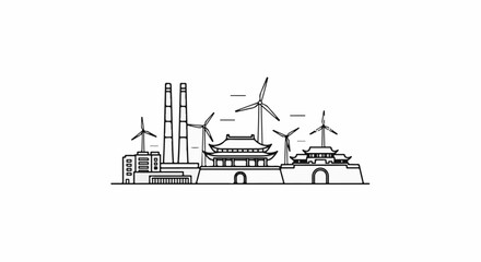 Naklejka premium Stylized line art of a cityscape featuring industrial and traditional structures with wind turbines