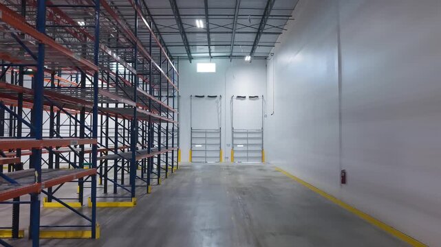 Empty Warehouse Interior with Tall Orange and Blue Shelving Racks, and closed loading dock doors
