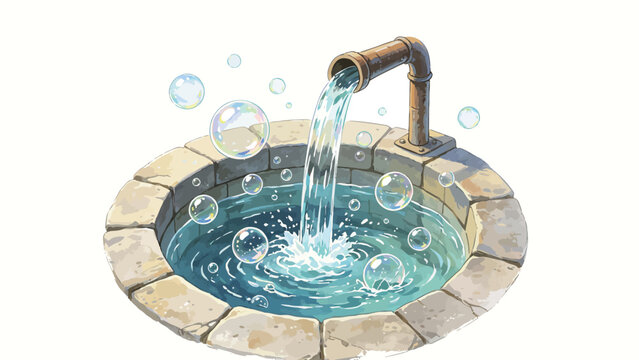 Whimsical Watercolor Illustration of a Circular Stone Well with Aged Copper Pipe Pouring Clear Water, Iridescent Transparent Bubbles Floating Above Rippling Well Water on Isolated White Background
