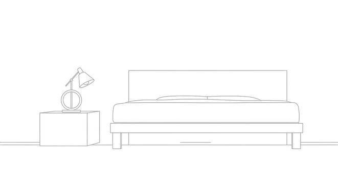 Modern bed and bedside table architectural line drawing