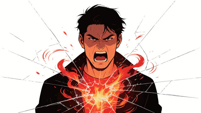 Intense Furious Young Man Roaring With Glowing Fiery Power Emanating From His Chest, Radial Shattered Glass Crack Effect, Dramatic Comic Book Style Illustration