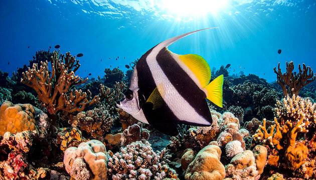 bannerfish gliding through reef valley wide underwater shot