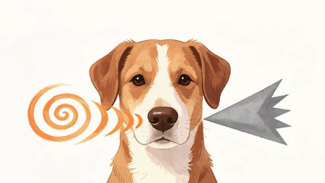 Gentle Watercolor Illustration of a Calm Tan and White Mixed Breed Dog Demonstrating Sound Direction, Orange Spiral Audio Wave at Left Ear, Grey Arrow at Right Ear on Soft Plain White Background