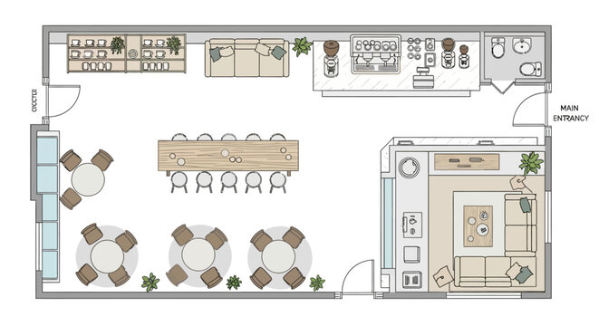 Modern cafe floor plan with furniture and lounge area