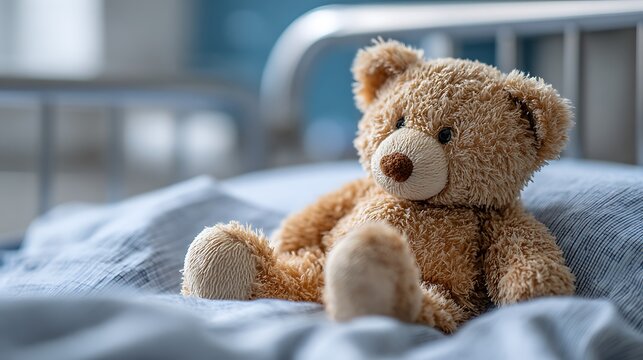 A plush brown teddy bear sits on a bed with blue sheets and a metal headboard