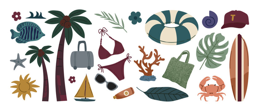 Summer beach travel elements with palm trees and swimwear inflatable ring tote bag tropical leaf hand drawn elements swimwear suitcase sunglasses sunscreen seashell surfboard starfish