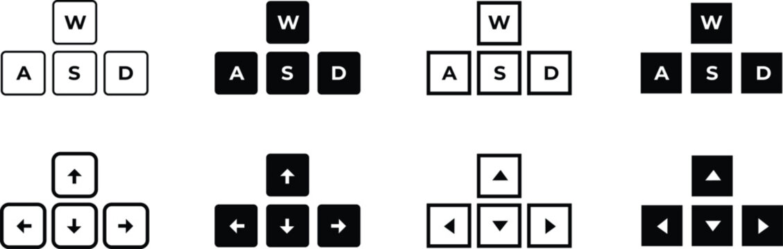 Gaming control keys set with wasd and arrow buttons, modern vector Illustration