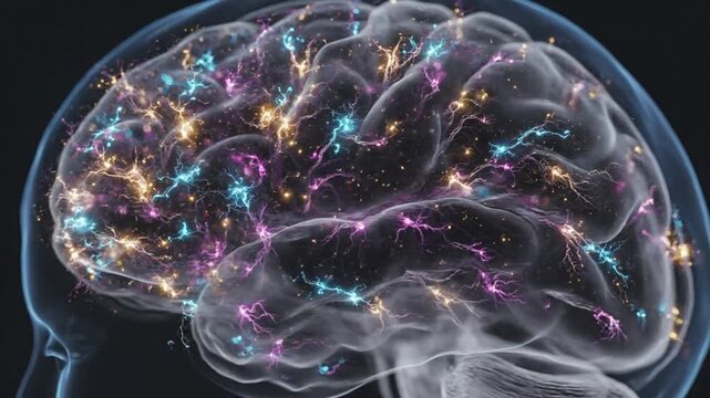 Human brain with active glowing neural pathways and synapses