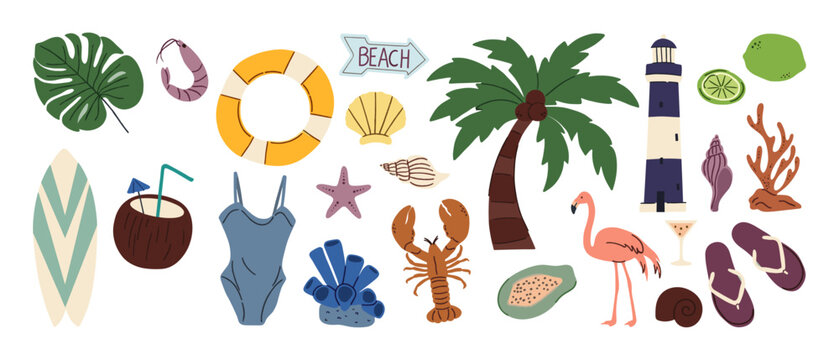 Beach vacation elements with lobster flamingo lighthouse coconut drink one piece tropical leaf inflatable ring palm tree hand drawn vacation elements flamingo lighthouse swimsuit surfboard