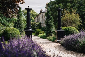 Naklejka premium Paths lead through green gardens to a building in autumn with flowers blooming and trees offering shade in a quiet setting during daylight hours