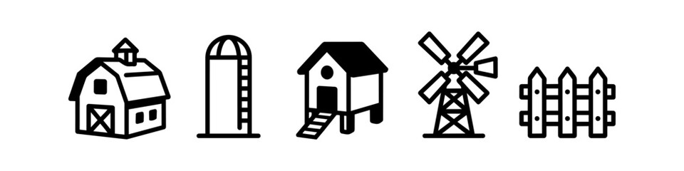 Set of Minimalist Farm and Agriculture Icons Featuring Barn, Silo, Chicken Coop, Windmill, and Wooden Fence in Black Line Art Style on White Background © Victor