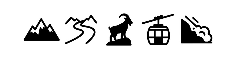 Mountain Icon Set Featuring Alpine Peaks Winding Trails Wild Ibex Cable Car and Avalanche Hazard Symbols © Victor