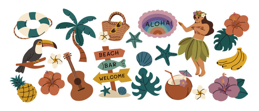 Hawaiian luau and tropical beach party elements set with hula dancer coconut drink palm tree beach signs hawaiian tropical elements pineapple surfboard lifesaver starfish illustration