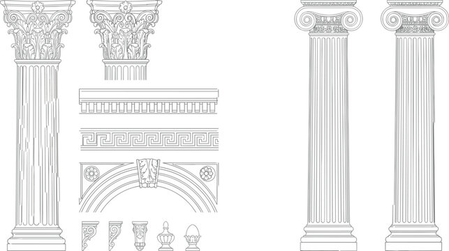 Classical Greek and Roman column architecture set with Corinthian Ionic pillars arch frieze and ornamental vector details