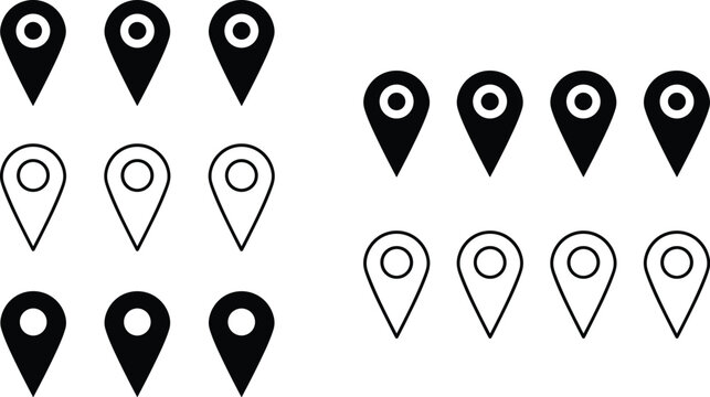 Map location pin icon set with filled and outline styles isolated in minimal black vector design collection