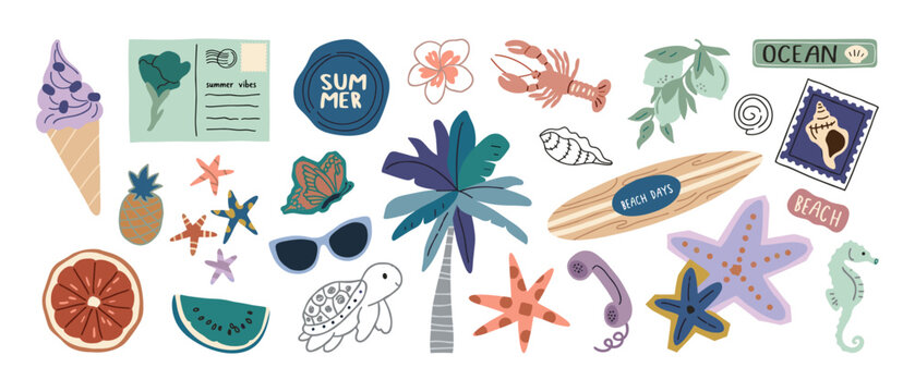 Collection of summer beach and tropical icons and elements with ice cream palm tree sea turtle flat design tropical elements pineapple watermelon starfish seashell sunglasses surfboard