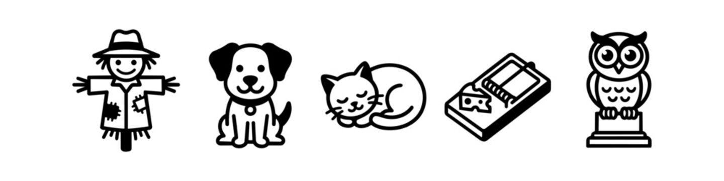 Black and White Pest Control and Animal Deterrent Vector Icon Set with Scarecrow, Puppy, Sleeping Cat, Mousetrap with Cheese, and Great Horned Owl