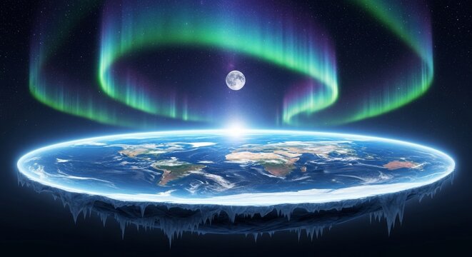 Flat Earth Under Aurora and Moonlit Sky