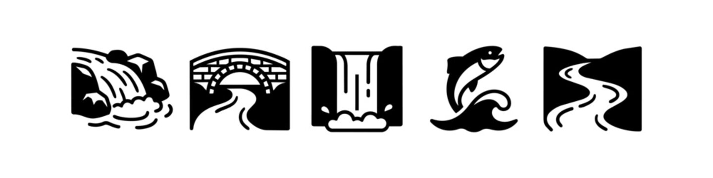 Set of Minimalist Black and White River Icons Featuring Waterfall, Stone Arch Bridge, Jumping Fish, and Winding Stream Symbols for Nature, Environment, and Outdoor Adventure Design