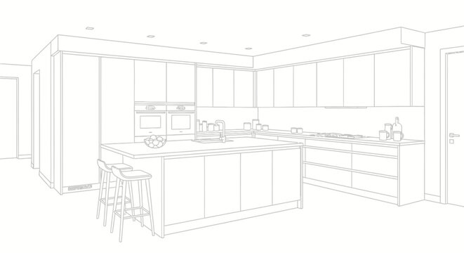 Modern kitchen interior line drawing with island and bar stools