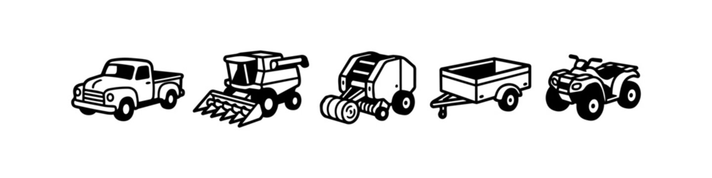 Agriculture and Farm Vehicle Icon Set Featuring Pickup Truck, Combine Harvester, Hay Baler, Utility Trailer, and ATV Quad Bike in Minimalist Black Line Art Style