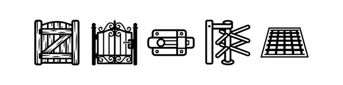Collection of Gate and Entrance Security Icons Featuring Wooden Gate, Wrought Iron Gate, Sliding Latch Lock, Turnstile, and Cattle Grid for Access Control and Perimeter Protection Designs