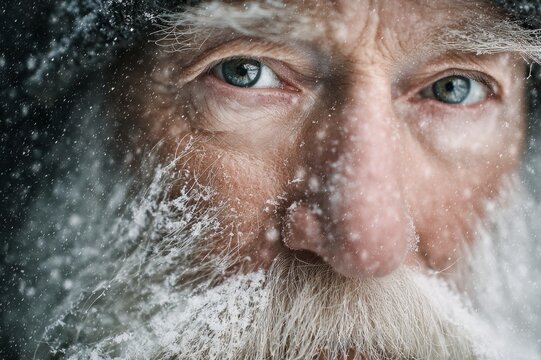 Close up portrait of senior man with frozen beard in snowfall, dramatic winter lifestyle concept