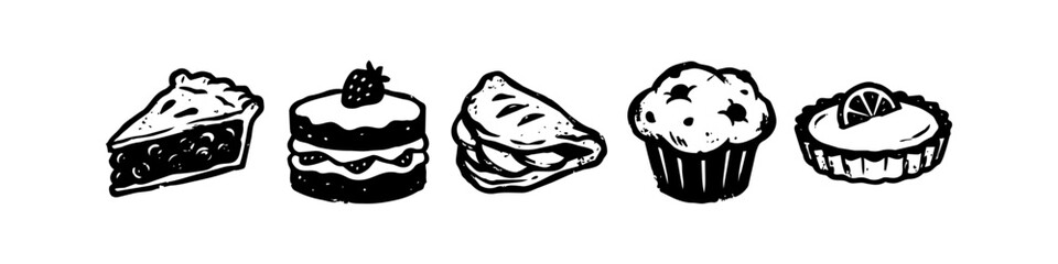 Hand-Drawn Bakery Dessert Illustration Set: Linocut Style Black and White Ink Sketch of Fruit Pie, Strawberry Cake, Pastry Turnover, Blueberry Muffin, and Lemon Tart Vector Icons for Menu Design © Victor