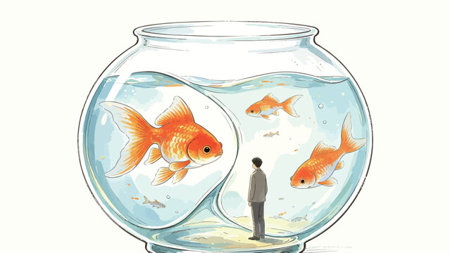 Surreal Whimsical Watercolor Illustration of a Tiny Suited Man Standing Inside a Split Glass Fishbowl Facing Enormous Swimming Goldfish
