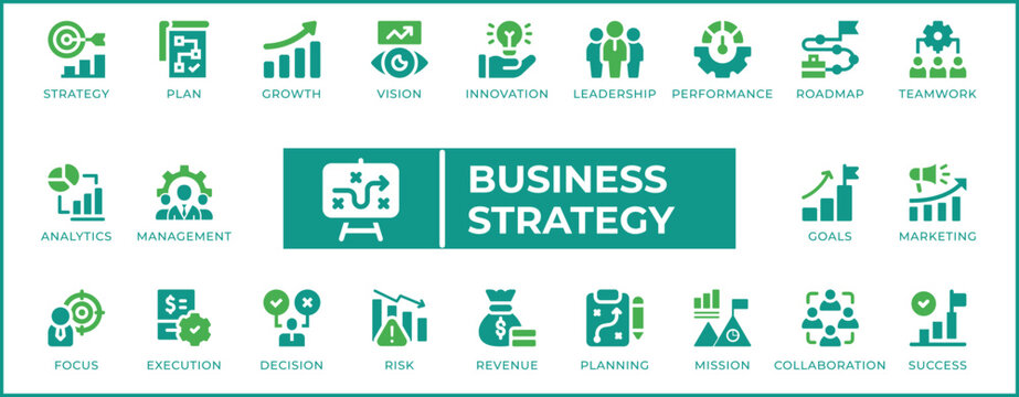 Business Strategy Planning Roadmap Execution Goals Icon Set. Editable vectors for vision innovation, performance growth, and management.