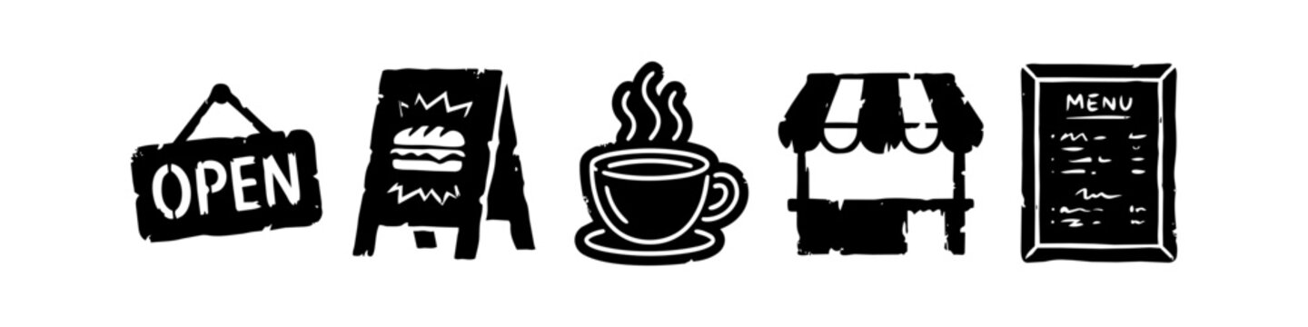 Set of Hand-Drawn Grunge Icons for Cafe and Restaurant: Open Sign, Coffee Cup, Food Stall, Menu, and Sandwich Chalkboard Sign - Isolated Black Silhouettes for Small Business Branding