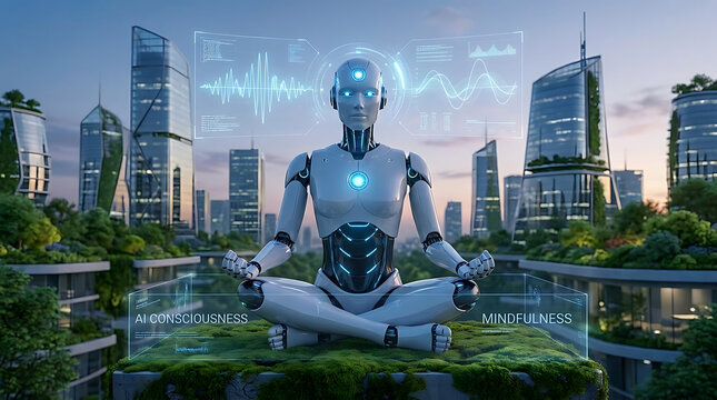 Advanced humanoid robot practicing mindfulness and spiritual meditation representing artificial general intelligence consciousness and sentient digital mind in futuristic cybernetic technology