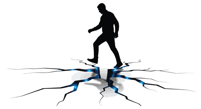 Man stepping over cracked ground with blue glowing lines in a vector graphic illustration design