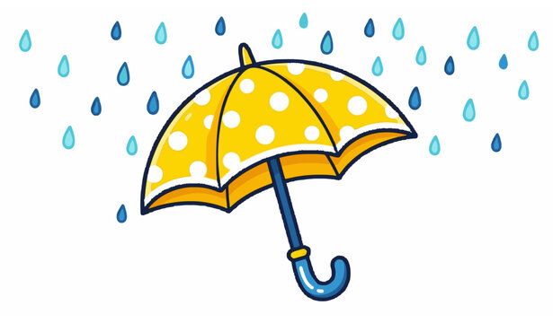 Cute cartoon yellow umbrella with polka dots and falling rain drops kids style vector isolated