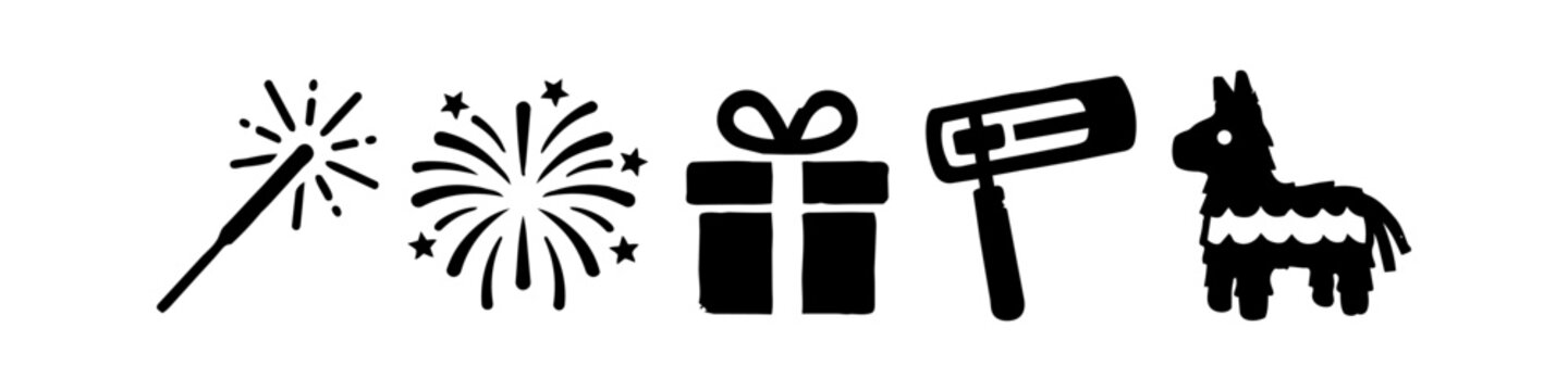 Set of Black Celebration Icons Featuring Sparkler, Firework, Gift Box, Noise Maker, and Pinata Silhouette - Minimalist Party and Holiday Design Elements