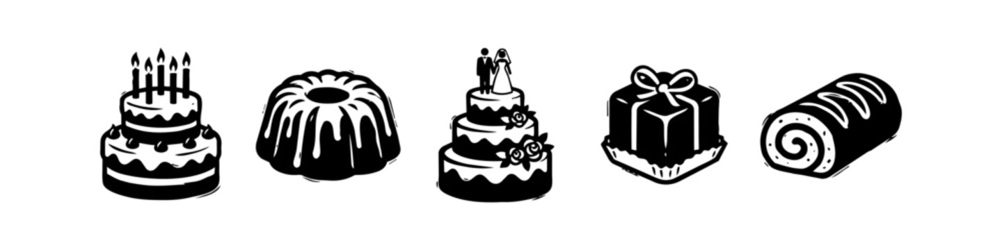 Set of Hand-Drawn Cake Icons Featuring Birthday Cake, Wedding Cake, Bundt Cake, Petit Four, and Swiss Roll Illustrations for Bakery Branding and Dessert Menu Design