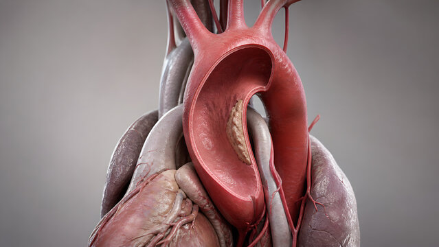 Aortic aneurysm, dilated aorta, mural thrombus, abdominal aorta, vascular wall, medical 3D anatomy, realistic clinical illustration