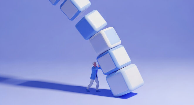 a business person straining to support a massive stack of falling colorful blocks representing crisis management and business stability