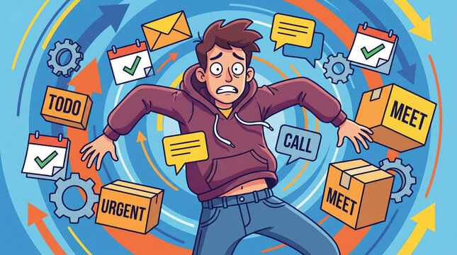 Overwhelmed by The Tasks: A depiction of a person lost in a whirlwind of tasks, embodying the modern struggles of stress and time management. 