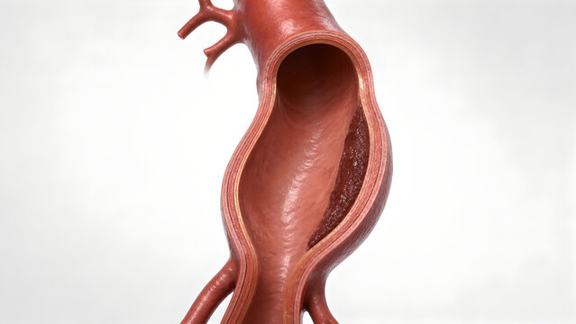 Aortic aneurysm, dilated aorta, mural thrombus, abdominal aorta, vascular wall, medical 3D anatomy, realistic clinical illustration