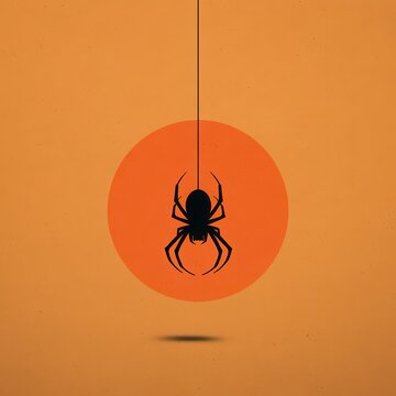 Clean flat vector design of a simple spider silhouette dropping on a thread against a flat orange circle, minimal art
