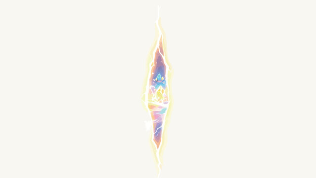 Vertical Glowing Interdimensional Rift Crack In Bright White Void, Revealing Ethereal Fantasy Crystal Landscape With Iridescent Waters And Electric Lightning Edges